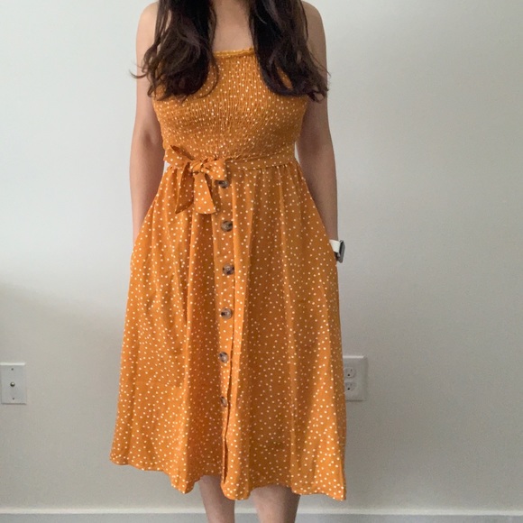 ❗️Last One❗️Mustard Polka Dot Front Tie Dress - Picture 2 of 3